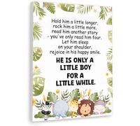 Adventure Themed Boy Nursery Art - Hold Him A Little Longer Safari Sign, Inspirational Quote Canvas Print with Elephant Lion Giraffe for Playroom, Bedroom Decor (Unframed,08x12inch(20x30cm))