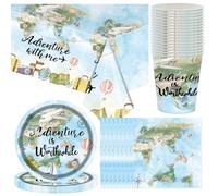 Adventure World Awaits Map Party Tableware, 85 pcs Adventure Theme Tableware Supplies, Plates Cups Napkins Tablecloth, for Kids Party Decoration (16 Guests)