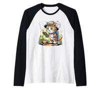 Adventurous Cat Hiker Exploring Trails with Smartphone Map Raglan Baseball Tee
