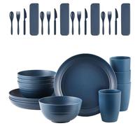 AdvntrPro 28pcs Unbreakable Dinnerware Sets for 4 People, Camping/Picnic Dinner Sets, Lightweight Colorful BBQ Plastic Serving Plates, Bowls, Cups,Cutlery Set, Forks,Tableware