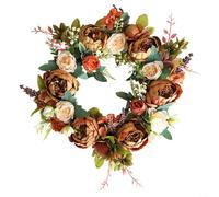 Advokingtap Artificial Spring Wreath With Orange Peonies, Green Hydrangeas And Red Berries, Plastic Floral Door Decoration For Front Porch, Autumn Winter