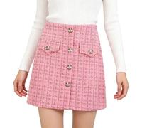 ADWAXDA Women Plaid Pencil Mini Skirt Fall Winter Cute Tweed Bodycon Wrap Short Skirts, Pink, M