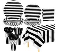 ADXCO 176 Pieces Black and White Disposable Dinnerware Set Paper Party Supplies Tableware Set Include Striped Plates and Napkins Cups Plastic Tablecloth Knives Forks and Spoons Serves 25 Guests