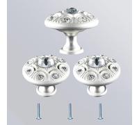 Adyoney 3Pcs Silver Single Hole Zinc Alloy Diamond Handles Knobs - 34x34x19mm/1.34x1.34x0.75inch Crystal Cabinet Knobs Pull - Crystal Glass Door Knobs with Screws for Furniture Cabinet