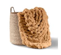 Adyrescia Chunky Knit Blanket Throw | 100% Hand Knit with Jumbo Chenille Yarn (50"x60", Caramel Brown)