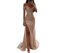 AeasyG Women's Sequin Mermaid Prom Dresses Sexy Off Shoulder V-Neck High Split Glitter Long Ball Gown Ruched Sparkly Formal Evening Party Maxi Dress Beige