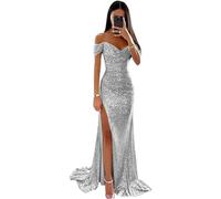 AeasyG Women's Sequin Mermaid Prom Dresses Sexy Off Shoulder V-Neck High Split Glitter Long Ball Gown Ruched Sparkly Formal Evening Party Maxi Dress Silver
