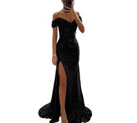 AeasyG Women's Sequin Mermaid Prom Dresses Sexy Off Shoulder V-Neck High Split Glitter Long Ball Gown Ruched Sparkly Formal Evening Party Maxi Dress Black