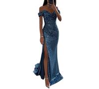 AeasyG Women's Sequin Mermaid Prom Dresses Sexy Off Shoulder V-Neck High Split Glitter Long Ball Gown Ruched Sparkly Formal Evening Party Maxi Dress Blue