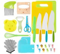 AECIASO Kids Knife Set, 27 Pcs Toddler Safe Knives for Real Cooking, Kitchen Tools with Plastic Serrated Knives, Cutting Board, Peeler, Crinkle Cutter, Fruit Forks and Gloves