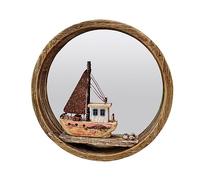 Aecipl Nautical Wood Wall Decoration Hanging Circle Mirror Sailboat Sign Wooden Sailing Boat Rustic Home Decor Ocean Wall Art Beach Themed Ornament for Door