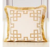 Aeckself 18 x 18 Inch Luxury European Home Decorative Pillow with Tassels Square Leather Geometric Chain Velvet Throw Pillow Cover Cushion Case for Sofa Bedroom Living Room Car, Beige Gold