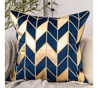 Aeckself 18 x 18 Inch Luxury Navy Blue Gold Leather Plaid Geometric Embroidery Velvet Cushion Case Modern Square Throw Pillow Cover Decorative Pillow for Couch Living Room Bedroom Car 45 x 45cm