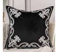 Aeckself European Floral Pillow Cover 16x16 Inch, Luxury Velvet Embroidered Decorative Throw Pillow Cover for Couch Bedroom Living Room, Black and White