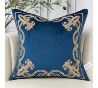 Aeckself European Floral Pillow Cover 18x18 Inch, Luxury Velvet Embroidered Decorative Throw Pillow Cover for Couch Bedroom Living Room, Navy Blue and Gold