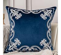 Aeckself European Floral Pillow Cover 18x18 Inch, Luxury Velvet Embroidered Decorative Throw Pillow Cover for Couch Bedroom Living Room, Navy Blue and White