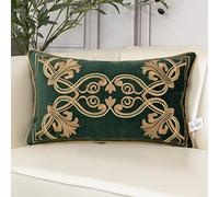 Aeckself European Luxury Velvet Lumbar Throw Pillow Cover 12 x 20 Inch, Embroidery Floral Pillow Cover Home Decor Oblong Pillowcase for Couch Bedroom Living Room, Dark Emerald Green and Gold