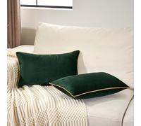 Aeckself Pack of 2 Luxury Velvet Green Lumbar Pillow Covers 12 x 20 Inch, Modern Decorative Pillowcase with Gold Trim Edge, Comfortable Soft Solid Cushion Case for Couch Bedroom Living Room