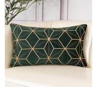 Aeckself Velvet Embroidery Pillow Cover 12x20 Inch, Luxury Modern Decorative Plaid Lumbar Throw Pillow Cover for Couch Bedroom Living Room, Dark Emerald Green and Gold