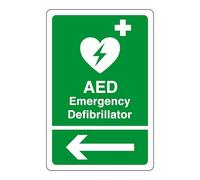 AED Emergency Defibrillator arrow left safety sign - 1.2mm Rigid plastic for indoor/outdoor usage (400mm x 300mm) Viewing Distance within 14m.