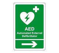 AED Safety sign - Automated External Defibrillator arrow right emergency sign - 1.2mm Rigid plastic for indoor/outdoor usage (200mm x 150mm) Viewing Distance within 5m.