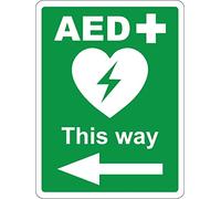 AED Safety sign - Automated External Defibrillator this way left directional arrow emergency sign - 1mm Plastic sign (200mm x 150mm)