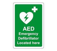 AED Safety sign - Emergency Defibrillator located here emergency sign - 1.2mm Rigid plastic for indoor/outdoor usage (300mm x 200mm) Viewing Distance within 7m.