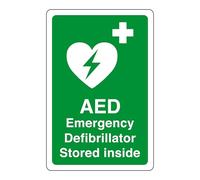AED Safety sign - Emergency Defibrillator stored inside emergency sign - 1.2mm Rigid plastic for indoor/outdoor usage (150mm x 100mm) Viewing Distance within 3m.