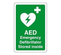 AED Safety sign - Emergency Defibrillator stored inside emergency sign - High tack self-adhesive sticker (300mm x 200mm) Viewing Distance within 7m.