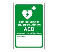 AED Safety sign - This building is equipped with AED emergency sign - High tack self-adhesive sticker (150mm x 100mm) Viewing Distance within 3m.