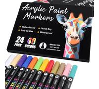 AEDAGA 24 Acrylic Paint Pens with 48 Colours Brush Tip for Rock Painting Fabric Glass Stone Ceramic Wood Metal, Dual Tip Acrylic Markers for Adults, Paint Markers for Easter Egg Pumpkins Graffiti
