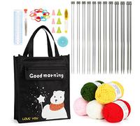 Aeelike Beginner Knitting Kit, Professional Knitting Set with 22pcs 35cm Long Metal Knitting Needles Set, 5x25g Yarns & Basic Knitting Tools, Kids Knitting Needles Starter Kit with Cute Bear Tote Bag