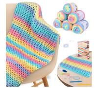 Aeelike Crochet Blanket Kit for Beginners-Rainbow Granny Squares Stripe Blanket, Complete Crochet Kit for Adults w Gradient Yarn & Instructions, Easy Learn to Knit for Beginners
