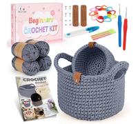 Aeelike Crochet Kit, Crochet Basket Kit, Starter Crochet Kits for Beginners Adults with Step-by-Step Instructions Yarn and Accessories, DIY Round Crochet Storage Basket Making Kit, Grey