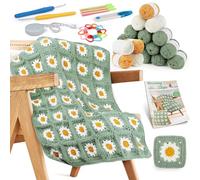 Aeelike Crochet Kit, Crochet Blanket Kit, Complete Starter Crochet Kits for Beginners Adults with Step-by-Step Instructions Book Yarn & Accessories, Learn to Crochet Daisy Granny Square Blanket Kit