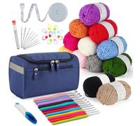 Aeelike Crochet Kit, Crochet Kits for Beginners Adults with 12Pcsx25g Crochet Yarns Ergonomic Metal Crochet Hooks Set 2mm-8mm Knitting Accessories Storage Case Crochet Starter Kit - Navy Blue