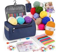 Aeelike Crochet Kit, Crochet Kits for Beginners Adults with Instructions 16Pcsx25g Crochet Yarns Ergonomic Metal Crochet Hooks Set 2mm-8mm Knitting Tools & Storage Bag Crochet Starter Kit - Navy Blue