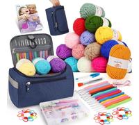 Aeelike Crochet Kit, Crochet Kits for Beginners Adults with Instructions 16Pcsx25g Crochet Yarns Ergonomic Metal Crochet Hooks Set 2mm-8mm Knitting Tools & Storage Bag Crochet Starter Kit - Navy Blue