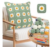 Aeelike Crochet Pillow Case Kit, Crochet Kits for Beginners Adults, Daisy Granny Squares Pillowcase Crochet Kit with Instructions, Learn to Crochet Starter Kit, Finished Pillow Covers Size 45x45cm