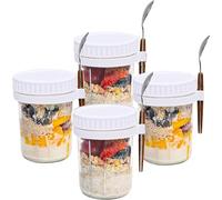 Aeetial 4 Pack Reuseable Glass Overnight Oats Containers with Lids and Spoons 350ML Mason Jars Leak Proof Oatmeal Container Meal Prep Jar for Cereal Fruit Vegetable Milk Salad Yogurt - White