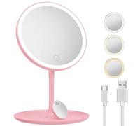 Aeetial 7 inch LED Makeup Mirror with 3-Color Dimmable, Rechargebale Light Up Tabletop Mirror with Round Tray Base and 5X Magnifying Pocket Mirror Brightness Adjustable Fashion Gifts (Pink)