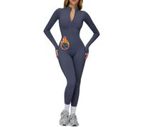 AEEZO Womens Fleece Lined Built-In Bra Workout Jumpsuits Zip Up Thermal Yoga Rompers Sexy One Piece Bodycon Romper, #1 Fleece Lined Navy Blue, XL