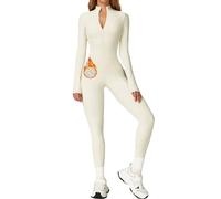 AEEZO Womens Fleece Lined Contour Seams Workout Jumpsuits Zip Up Thermal Yoga Rompers Sexy One Piece Bodycon Playsuit, #1 Fleece Lined Beige, S