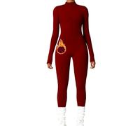 AEEZO Womens Long Sleeve Workout Jumpsuit Zip Up Yoga Rompers Sexy Tummy Control One Piece Bodycon Bottom Pants, #3 Thermal Wine Red, XL