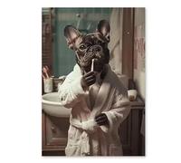 AEFOUU A Mischievous French Bulldog Wearing A Bathrobe Brushing Teeth Canvas Paintings Print Home Hotel Decor Animal Bathroom Poster(20x30cm/8x12in/Internal Frame)