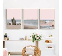 AEFOUU Desert Landscape Canvas Painting Ocean Water Sandy Beach Poster Cactus Print Pink Wall Art Coastal Decoration Picture(30x42cm/12x17in/Internal Frame)