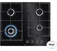 AEG HKB64450NB FlameLight Gas Hob, 4 Burners, 59cm, Gas-on-Glass Cooktop, Hob2Hood, StepPower Controls, LED Indicators, Cast Iron Pan Support, 4 Cooking Zones, Black