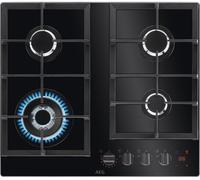 AEG HKB64450NB FlameLight Gas Hob, 4 Burners, 59cm, Gas-on-Glass Cooktop, Hob2Hood, StepPower Controls, LED Indicators, Cast Iron Pan Support, 4 Cooking Zones, Black