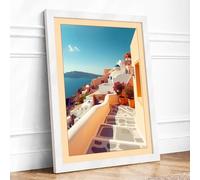 Aegean Cascade Coastal Framed Wall Art Print A2 (59.4×42cm) White, Wall Decor for Living Room, Bedroom, Office & Home, Ready to Hang, Art Gift