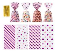 Aegero 120 Pcs Christmas Cellophane Treat Bags, Xmas Gift Candy Goodies Bags with 140 Pcs Twists for Xmas Party Favor Supplies,Kids Party Favors,Snacks Cookies Packing(10.63 x 5.12 inches,Purple/Pink)
